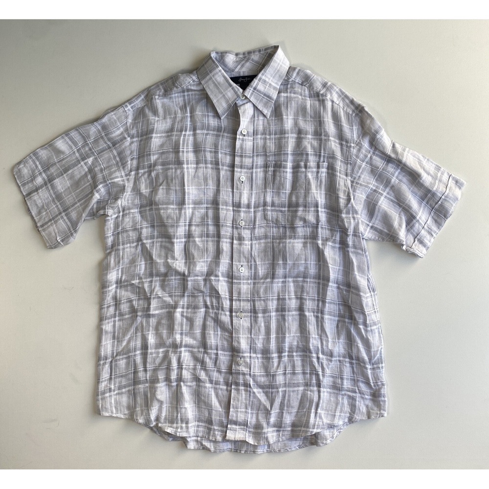 Sean John Mens XL 100% Linen Short Sleeve Light Grey Plaid Button Up Lightweight